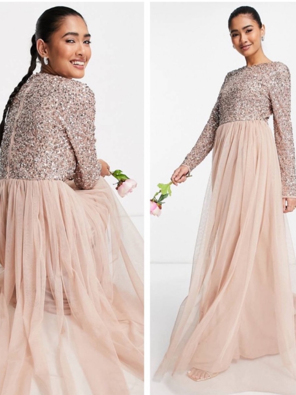 Maya Plus Bridesmaid Long Sleeve Maxi Tulle Dress With Tonal Delicate Sequin